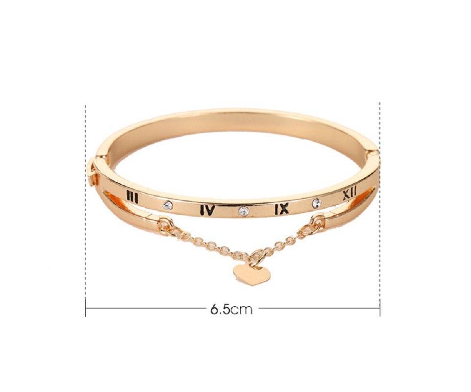 Roman Numeral Accents Bracelet with Heart Pendant and Small Diamonds Stainless Steel Bangles