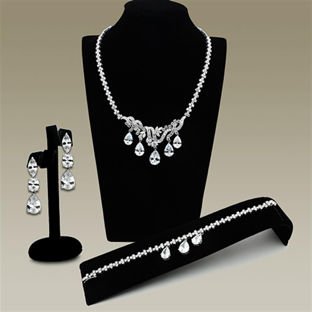 LO2334 - Rhodium Brass Jewelry Sets with AAA Grade CZ in Clear