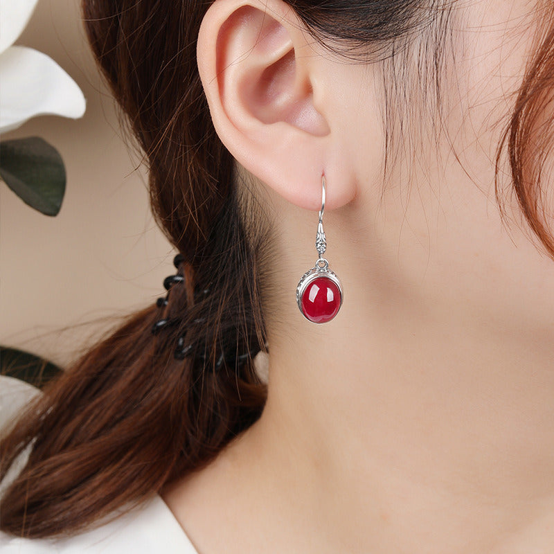 Vintage Red Corundum S925 Silver Earrings Elegant And Fashionable Earrings Silver Jewelry