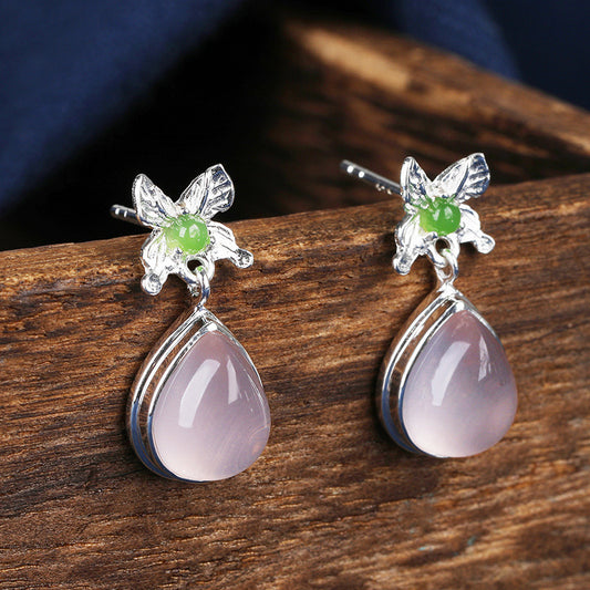 S925 Silver Earrings High-quality Pink Crystal Chinese Style Butterfly Inlaid Jasper Ear Jewelry Does Not Fade