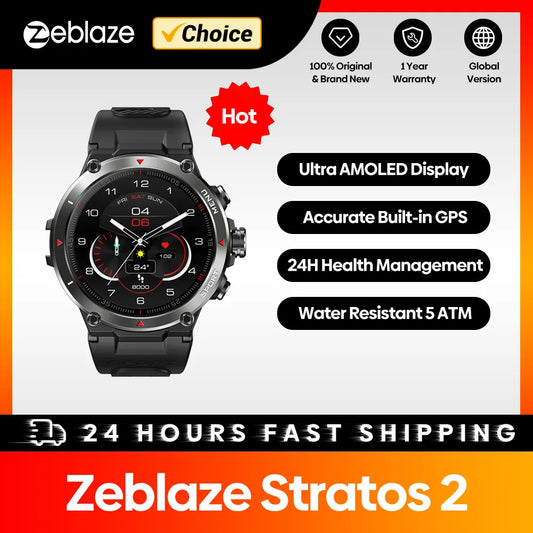 Zeblaze Stratos 2 GPS Smart Watch AMOLED Display 24h Health Monitor 5 ATM Long Battery Life Smartwatch for Men