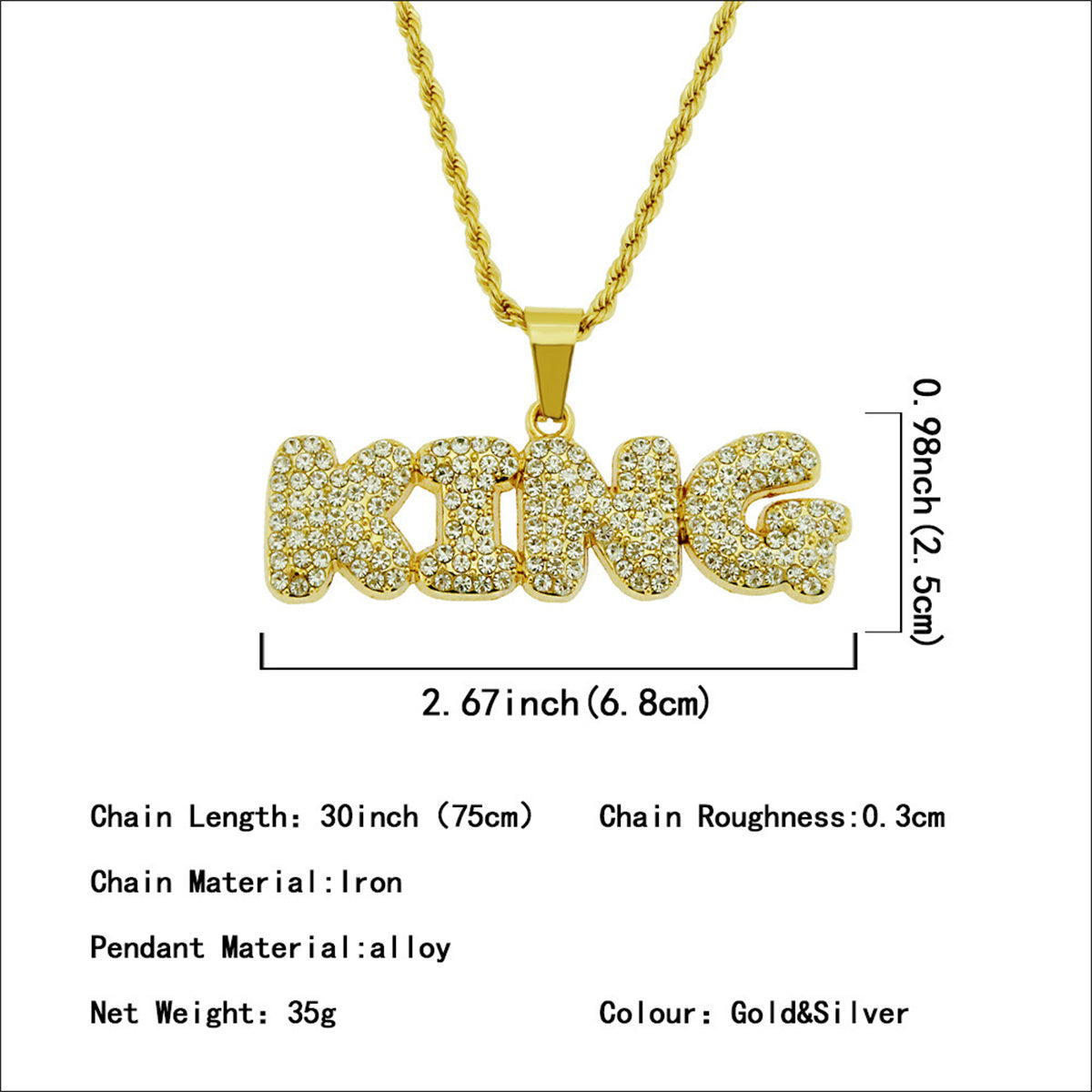 Hip Hop Men's Diamond Alphabet King Pendant Necklace Rock Iced Out Shiny Necklace for Men and Women