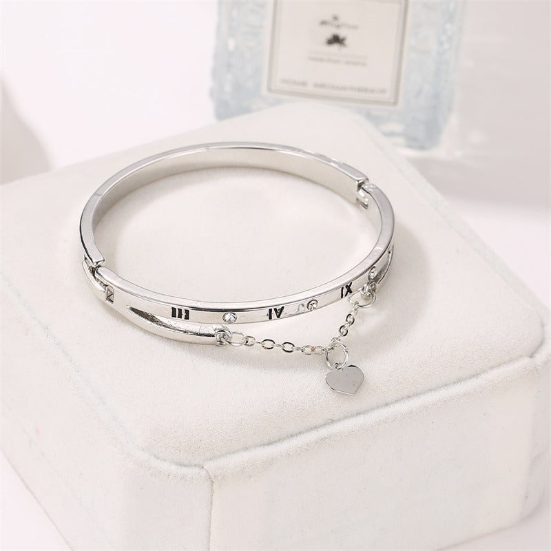 Roman Numeral Accents Bracelet with Heart Pendant and Small Diamonds Stainless Steel Bangles