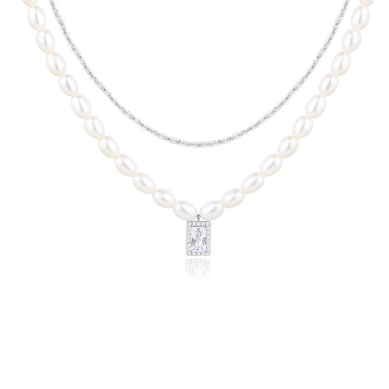 925 Sterling Silver Necklace European And American Fashion Retro Sparkling Stacked Double Pearl Necklace