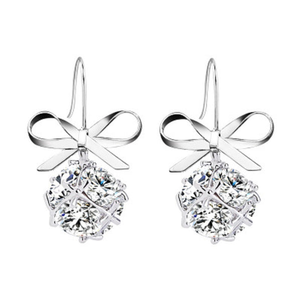 Womens Bow with Zircon Square Flash Diamond Ball Hook Earrings Fashion Earrings