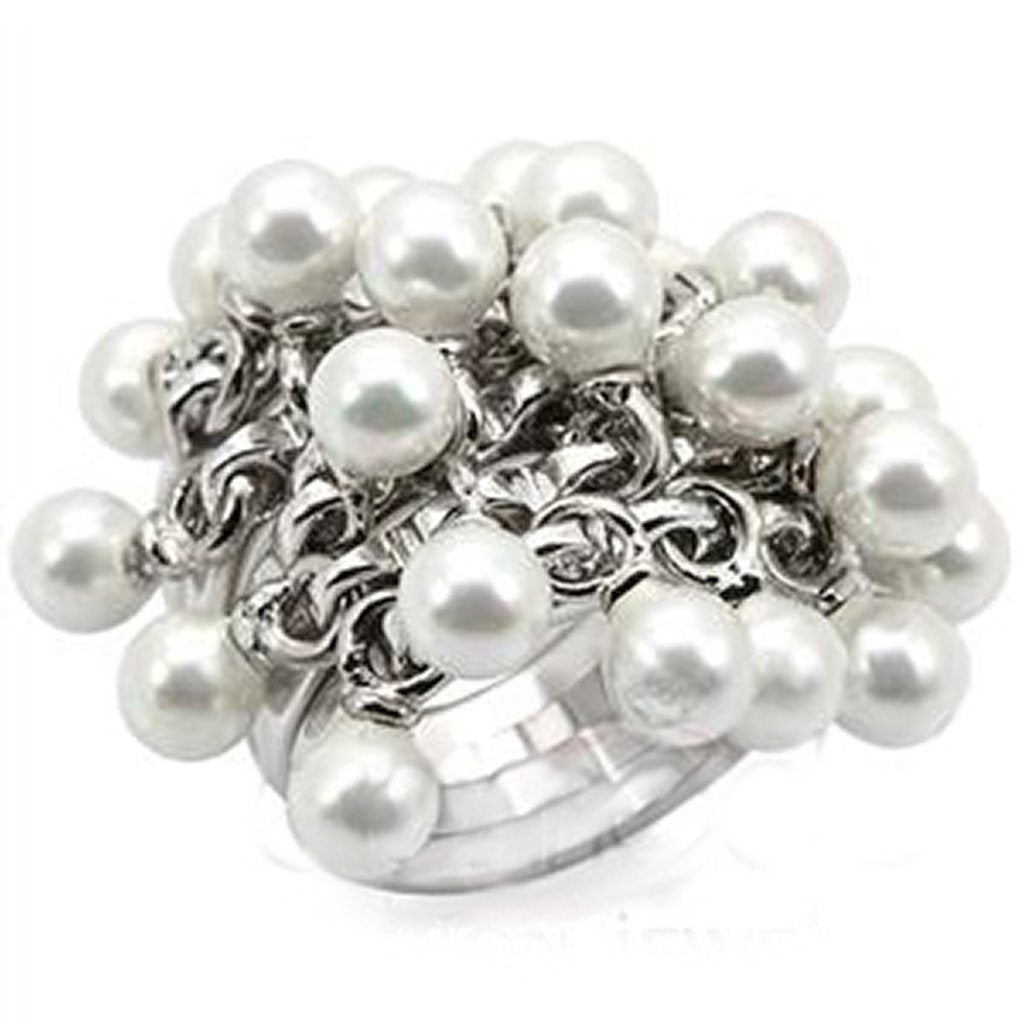 LOS447 - Rhodium 925 Sterling Silver Ring with Synthetic Pearl in White