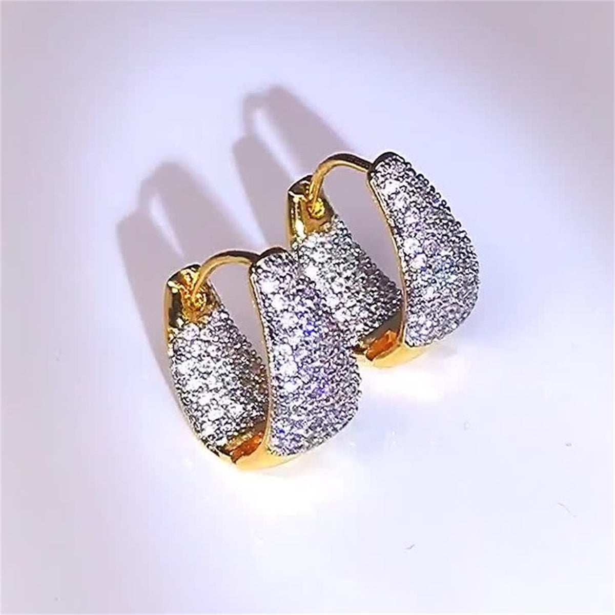 Women's Diamond Curved Earrings, Bling Elegant Luxurious Round Diamond Earrings, Statement Sparkling Earrings