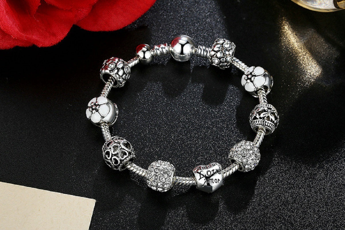 Love Beads Charms Bracelet Rose Flower Charms CZ Charms Bracelets with 9 Pieces Charm for Girls and Women