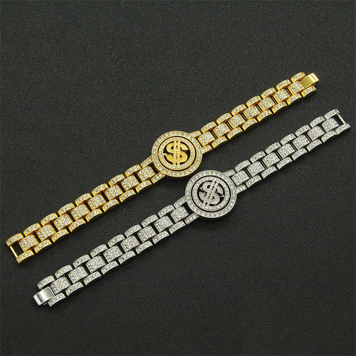 Gold/Silver Bracelet for Men with Turning Dollar Sign Hip Hop Personality Cool Full Diamond Punk Bracelet